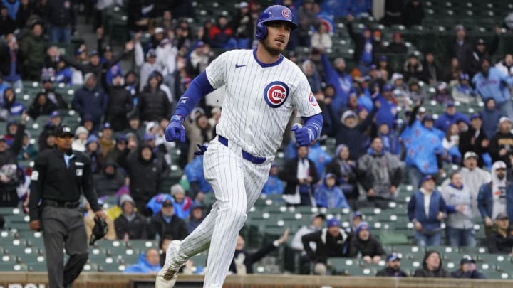 Apr 7, 2024; Chicago, Illinois, USA; Chicago Cubs outfielder Cody Bellinger (24) hits a home run