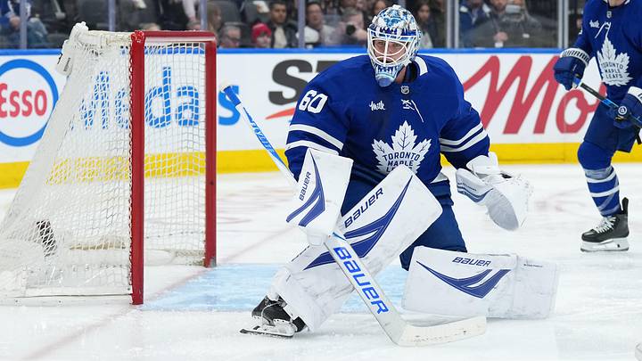 Apr 8, 2026; Toronto, Ontario, CAN; Toronto Maple Leafs goaltender Joseph Woll (60) follows the puck against the Washington Capitals during the second period at Scotiabank Arena. Mandatory Credit: Nick Turchiaro-Imagn Images