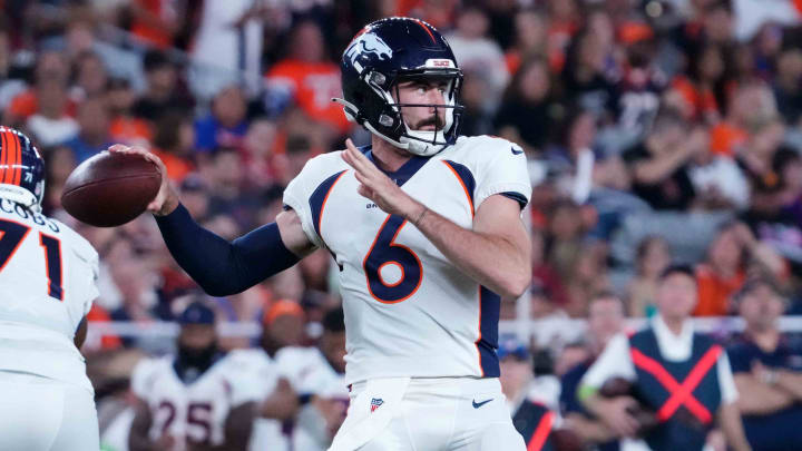 Aug 11, 2023; Glendale, Arizona, USA; Denver Broncos quarterback Ben DiNucci (6) throws a pass against the Arizona Cardinals during the second half at State Farm Stadium. 