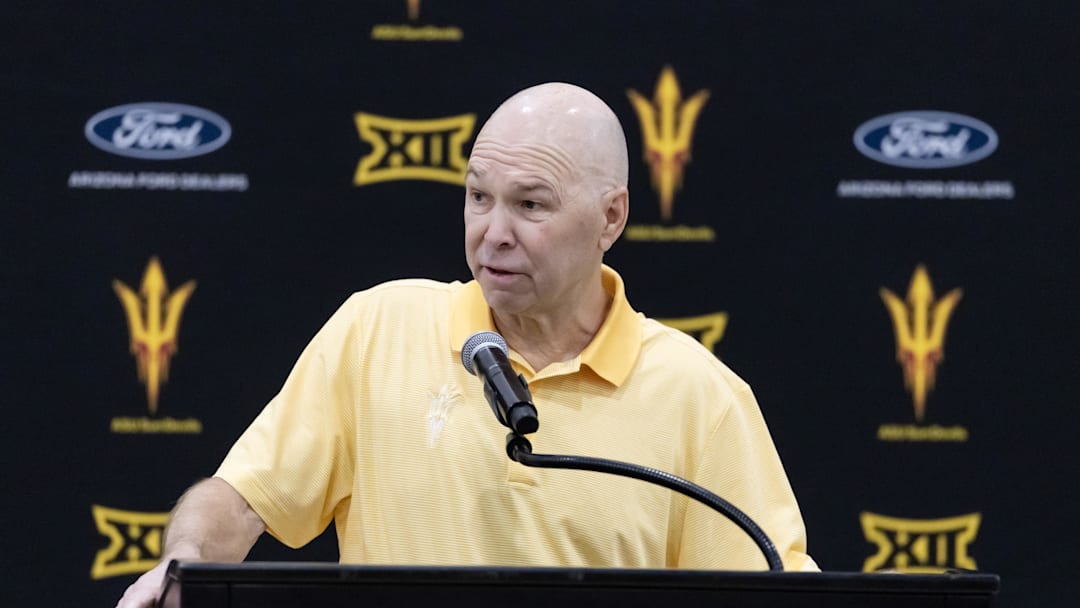 May 7, 2026; Tempe, Arizona, USA; Arizona State Sun Devils basketball head coach Randy Bennett speaks to the media during an introductory press conference at the Weatherup Center. Mandatory Credit: Mark J. Rebilas-Imagn Images
