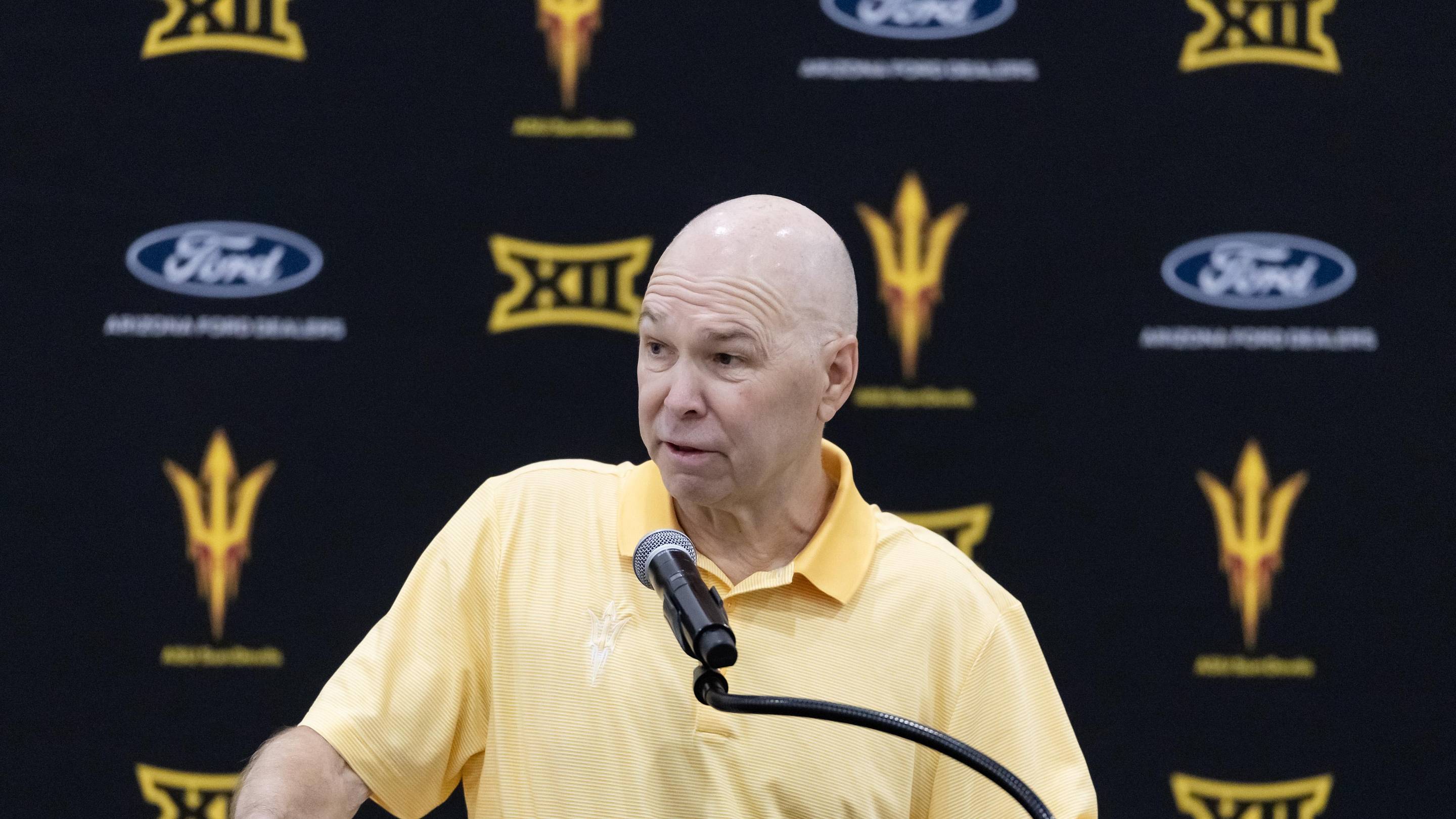 May 7, 2026; Tempe, Arizona, USA; Arizona State Sun Devils basketball head coach Randy Bennett speaks to the media during an introductory press conference at the Weatherup Center. Mandatory Credit: Mark J. Rebilas-Imagn Images | Mark J. Rebilas-Imagn Images