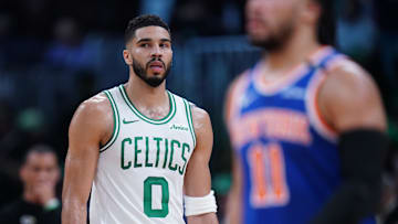 May 5, 2025; Boston, Massachusetts, USA; Boston Celtics forward Jayson Tatum (0) on the court against the New York Knicks in the third quarter during game one of the second round for the 2025 NBA Playoffs at TD Garden.