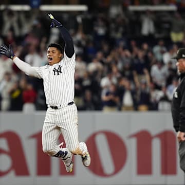 Sep 12, 2024; Bronx, New York, USA; New York Yankees right fielder Juan Soto (22) reacts to getting the game winning hit against the Boston Red Sox during the tenth inning at Yankee Stadium. Mandatory Credit: Gregory Fisher-Imagn Images