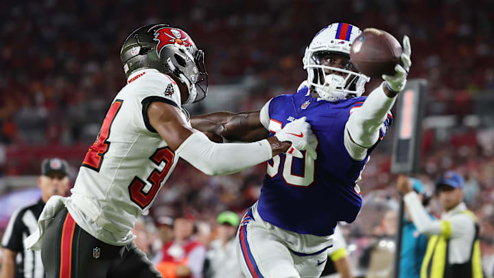 Aug 23, 2025; Tampa, Florida, USA; Buffalo Bills wide receiver Tyrell Shavers (80) catches the ball over Tampa Bay Buccaneers cornerback Bryce Hall (34) for a touchdown during the second quarter at Raymond James Stadium. Mandatory Credit: Kim Klement Neitzel-Imagn Images