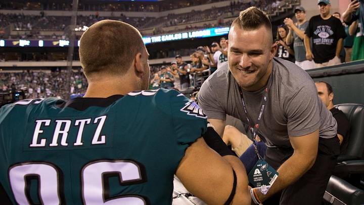 Sep 6, 2018; Philadelphia, PA, USA; Philadelphia Eagles tight end Zach Ertz (86) greets Angles outfielder Mike Trout before a game against the Atlanta Falcons at Lincoln Financial Field. Mandatory Credit: Bill Streicher-Imagn Images
