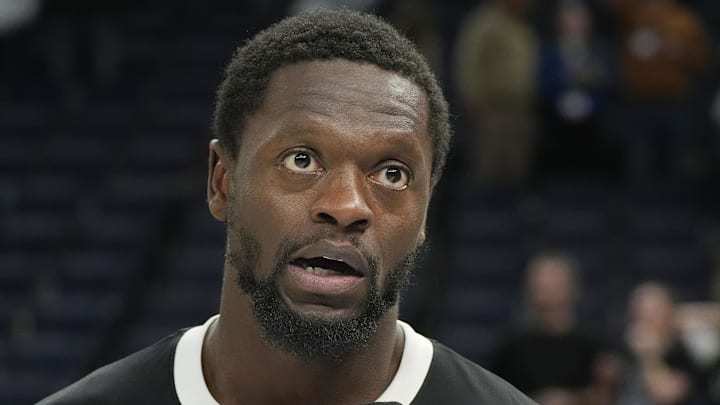 Mar 21, 2025; Minneapolis, Minnesota, USA; Minnesota Timberwolves forward Julius Randle (30) answers an interview after the game with the New Orleans Pelicans at Target Center. Mandatory Credit: Bruce Kluckhohn-Imagn Images Mar 21, 2025; Minneapolis, Minnesota, USA; Minnesota Timberwolves forward Julius Randle (30) answers an interview after the game with the New Orleans Pelicans at Target Center. Mandatory Credit: Bruce Kluckhohn-Imagn Images