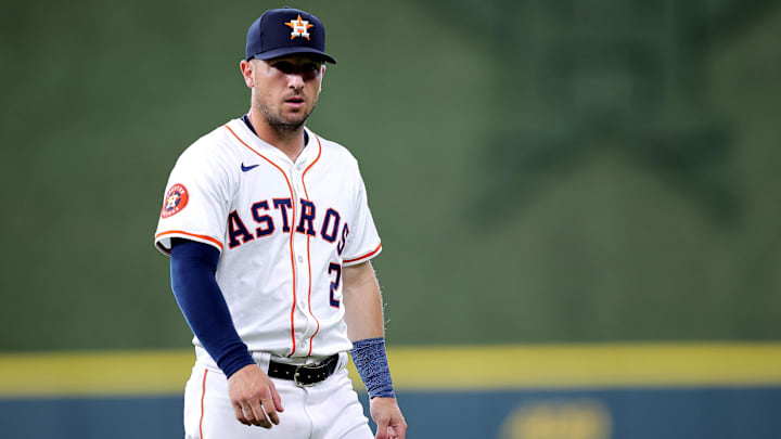 Mar 30, 2024; Houston, Texas, USA; Houston Astros third baseman Alex Bregman (2) prior to the game against the New York Yankees at Minute Maid Park.