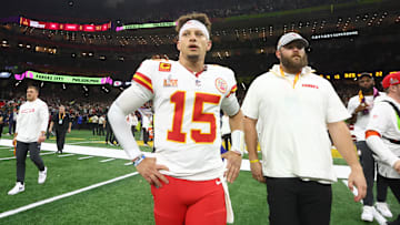 Feb 9, 2025; New Orleans, LA, USA; Kansas City Chiefs quarterback Patrick Mahomes (15) reacts after losing to the Philadelphia Eagles in Super Bowl LIX at Ceasars Superdome. Mandatory Credit: Mark J. Rebilas-Imagn Images