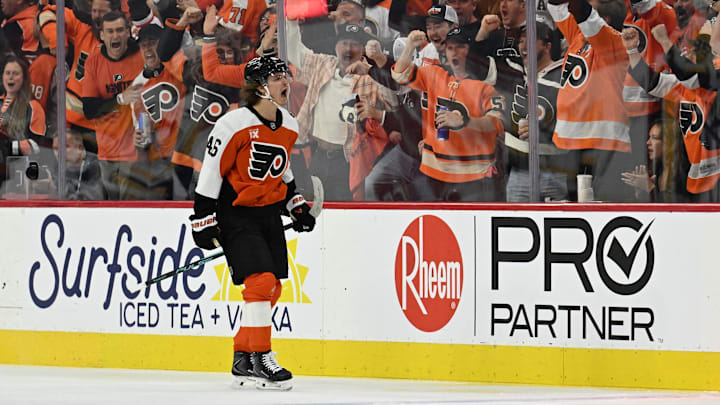 Apr 22, 2026; Philadelphia, Pennsylvania, USA; Philadelphia Flyers center Trevor Zegras (46) celebrates his goal against the Pittsburgh Penguins during the second period in game three of the first round of the 2026 Stanley Cup Playoffs at Xfinity Mobile Arena. 