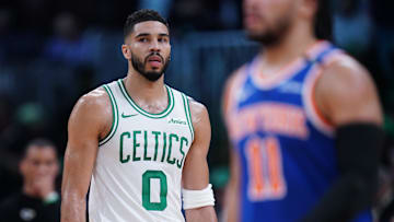 May 5, 2025; Boston, Massachusetts, USA; Boston Celtics forward Jayson Tatum (0) on the court against the New York Knicks in the third quarter during game one of the second round for the 2025 NBA Playoffs at TD Garden. Mandatory Credit: David Butler II-Imagn Images