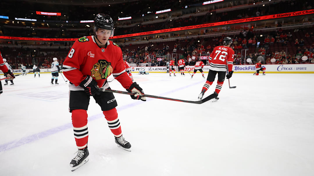 Mar 18, 2025; Chicago, Illinois, USA; Chicago Blackhawks center Ryan Donato (8) warms up before a game against the Seattle Kraken at United Center. Mandatory Credit: Talia Sprague-Imagn Images