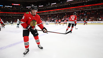 Mar 18, 2025; Chicago, Illinois, USA; Chicago Blackhawks center Ryan Donato (8) warms up before a game against the Seattle Kraken at United Center. Mandatory Credit: Talia Sprague-Imagn Images
