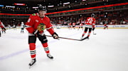 Mar 18, 2025; Chicago, Illinois, USA; Chicago Blackhawks center Ryan Donato (8) warms up before a game against the Seattle Kraken at United Center. Mandatory Credit: Talia Sprague-Imagn Images