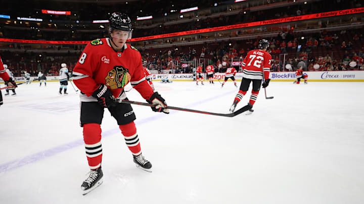 Mar 18, 2025; Chicago, Illinois, USA; Chicago Blackhawks center Ryan Donato (8) warms up before a game against the Seattle Kraken at United Center. Mandatory Credit: Talia Sprague-Imagn Images