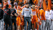 Oct 18, 2025; Stillwater, Oklahoma, USA; Oklahoma State Cowboys interim head coach Doug Meacham on the side lines during the second half against the Cincinnati Bearcats at Boone Pickens Stadium. Mandatory Credit: William Purnell-Imagn Images