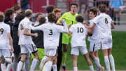 Noblesville Millers celebrate debating the Cathedral Fighting Irish on Saturday, Oct. 28, 2023, during the IHSAA boys soccer Class 3A state championship at Michael Carroll Track & Soccer Stadium in Indianapolis. The Noblesville Millers defeated the Cathedral Fighting Irish, 2-0.