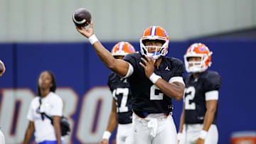 Florida Gators quarterback DJ Lagway (2) throws the ball during fall football practice at Sanders Indoor Practice Facility at the University of Florida in Gainesville, FL on Thursday, August 14, 2025. [Matt Pendleton/Gainesville Sun]