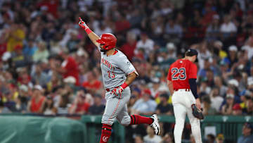Jul 2, 2025; Boston, Massachusetts, USA; Cincinnati Reds third baseman Christian Encarnacion-Strand (33) celebrates after hitting a grand slam during the seventh inning against the Boston Red Sox at Fenway Park. Mandatory Credit: Paul Rutherford-Imagn Images