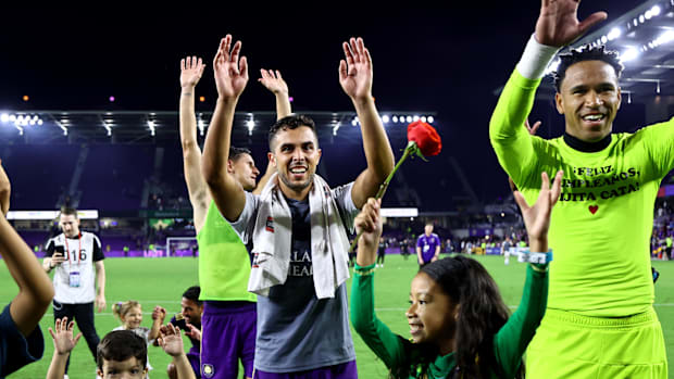 Orlando City SC celebrate after an MLS Cup Playoff win. 