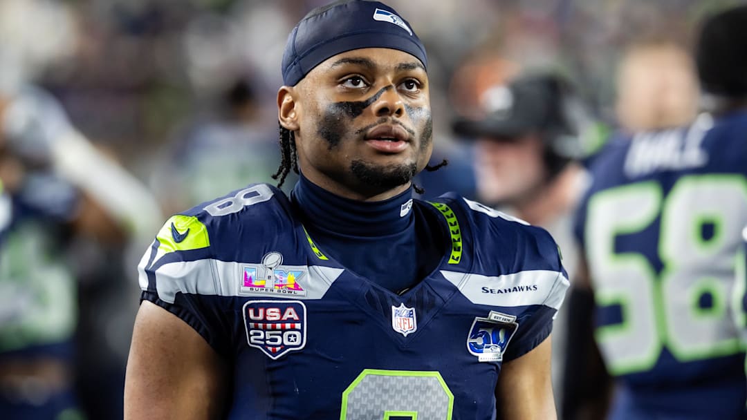 Feb 8, 2026; Santa Clara, CA, USA; Seattle Seahawks safety Coby Bryant (8) against the New England Patriots during Super Bowl LX at Levi's Stadium.