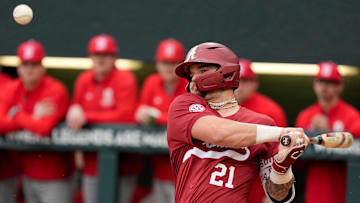 Feb 14, 2025; Tuscaloosa, AL, USA; Brennen Norton takes a swing during Alabama baseball’s opening day at Sewell-Thomas Stadium against Bradley. The Crimson Tide defeated Bradley 10-6.