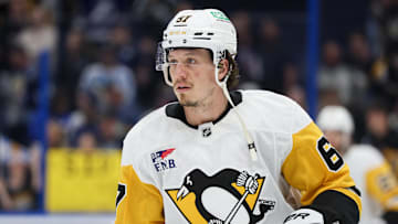 Mar 25, 2025; Tampa, Florida, USA; Pittsburgh Penguins right wing Rickard Rakell (67) warms up before a game against the Tampa Bay Lightning at Amalie Arena. Mandatory Credit: Nathan Ray Seebeck-Imagn Images