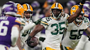 Green Bay Packers cornerback Corey Ballentine (35) celebrates his interception during the first quarter of their game Sunday, December 31, 2023 at U.S. Bank Stadium in Minneapolis, Minnesota. The Green Bay Packers beat the Minnesota Vikings 33-10.