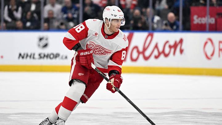 Jan 21, 2026; Toronto, Ontario, CAN;  Detroit Red Wings forward Patrick Kane (88) skates with the puck against the Toronto Maple Leafs in overtime at Scotiabank Arena. Mandatory Credit: Dan Hamilton-Imagn Images