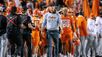 Oct 18, 2025; Stillwater, Oklahoma, USA; Oklahoma State Cowboys interim head coach Doug Meacham on the side lines during the second half against the Cincinnati Bearcats at Boone Pickens Stadium. Mandatory Credit: William Purnell-Imagn Images