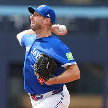 Jun 3, 2025; Toronto, Ontario, CAN; Toronto Blue Jays pitcher Max Scherzer (31) throws a pitch during a live session of batting practice before a game against the Philadelphia Phillies at Rogers Centre. 