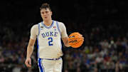 Apr 5, 2025; San Antonio, TX, USA; Duke Blue Devils forward Cooper Flagg (2) dribbles the ball against the Houston Cougars during the second half in the semifinals of the men's Final Four of the 2025 NCAA Tournament at the Alamodome.