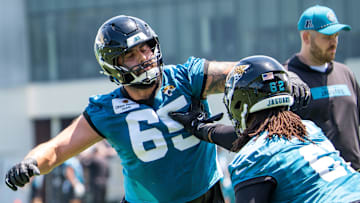 Jacksonville Jaguars guard Patrick Mekari (65) and Jacksonville Jaguars offensive tackle Javon Foster (62) run blocking drills during the fourth organized team activity at the Miller Electric Center in Jacksonville, Fla. Tuesday, May 27, 2025. [Doug Engle/Florida Times-Union]