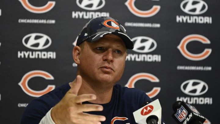 Jul 28, 2022; Lake Forest, IL, USA;  Chicago Bears offensive coordinator Luke Getsy talks with the media during training camp at PNC Center at Halas Hall. Mandatory Credit: Matt Marton-USA TODAY Sports