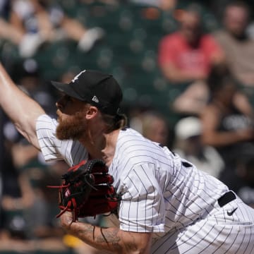 Jun 30, 2024; Chicago, Illinois, USA; Chicago White Sox pitcher Michael Kopech (34) throws the ball against the Colorado Rockies during the ninth inning at Guaranteed Rate Field. Mandatory Credit: David Banks-USA TODAY Sports
