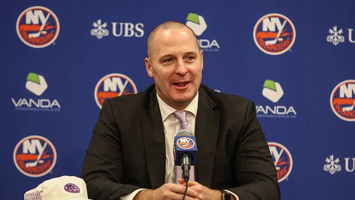 Nov 22, 2025; Elmont, New York, USA; New York Islanders General Manager Mathieu Darche speaks with fans at a pre-game event prior to the game against the St. Louis Blues at UBS Arena. Mandatory Credit: Wendell Cruz-Imagn Images