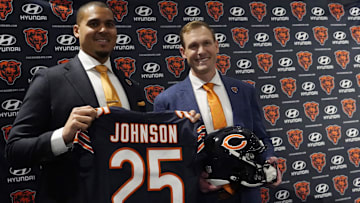  Chicago Bears new head coach Ben Johnson (right) with general manager Ryan Poles pose for photos after a press conference introducing him at PNC Center.