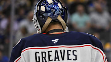 Oct 1, 2024; St. Louis, Missouri, USA;  A detailed view of Columbus Blue Jackets goaltender Jet Greaves (73) goalie mask honoring Johnny and Matthew Gaudreau during the second period against the St. Louis Blues at Enterprise Center. Mandatory Credit: Jeff Curry-Imagn Images