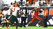 Sep 7, 2024; Miami Gardens, Florida, USA; Miami Hurricanes running back Damien Martinez (6) runs with the football for a touchdown against the Florida A&M Rattlers during the third quarter at Hard Rock Stadium. Mandatory Credit: Sam Navarro-Imagn Images