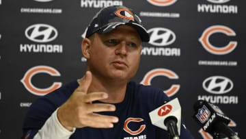Jul 28, 2022; Lake Forest, IL, USA;  Chicago Bears offensive coordinator Luke Getsy talks with the