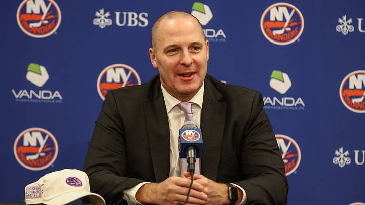 Nov 22, 2025; Elmont, New York, USA; New York Islanders General Manager Mathieu Darche speaks with fans at a pre-game event prior to the game against the St. Louis Blues at UBS Arena. Mandatory Credit: Wendell Cruz-Imagn Images Nov 22, 2025; Elmont, New York, USA; New York Islanders General Manager Mathieu Darche speaks with fans at a pre-game event prior to the game against the St. Louis Blues at UBS Arena. Mandatory Credit: Wendell Cruz-Imagn Images