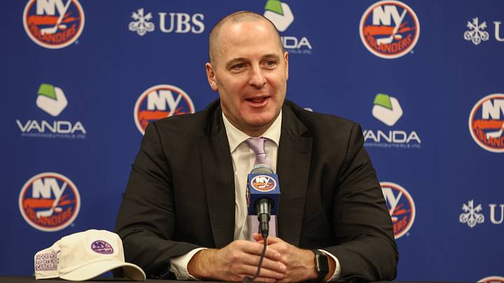 Nov 22, 2025; Elmont, New York, USA; New York Islanders General Manager Mathieu Darche speaks with fans at a pre-game event prior to the game against the St. Louis Blues at UBS Arena. Nov 22, 2025; Elmont, New York, USA; New York Islanders General Manager Mathieu Darche speaks with fans at a pre-game event prior to the game against the St. Louis Blues at UBS Arena.