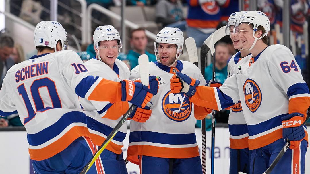 Mar 7, 2026; San Jose, California, USA; New York Islanders defenseman Tony DeAngelo (77) celebrates with center Brayden Schenn (10), left wing Ondrej Palat (81), defenseman Matthew Schaefer (48) and center Calum Ritchie (64) after scoring a goal against the San Jose Sharks during the first period at SAP Center at San Jose. Mandatory Credit: Robert Edwards-Imagn Images Mar 7, 2026; San Jose, California, USA; New York Islanders defenseman Tony DeAngelo (77) celebrates with center Brayden Schenn (10), left wing Ondrej Palat (81), defenseman Matthew Schaefer (48) and center Calum Ritchie (64) after scoring a goal against the San Jose Sharks during the first period at SAP Center at San Jose. Mandatory Credit: Robert Edwards-Imagn Images
