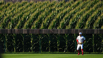 Cincinnati Reds right fielder Albert Almora Jr. (3) gets set defensively as a pitch is thrown in the first inning of a baseball game against the Chicago Cubs, Thursday, Aug. 11, 2022, at the MLB Field of Dreams stadium in Dyersville, Iowa.

Mlb Field Of Dreams Game Cincinnati Reds At Chicago Cubs Aug 11 2899