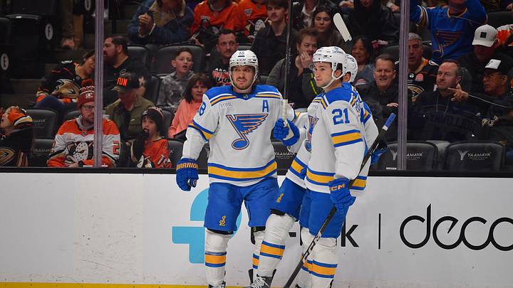 Apr 3, 2026; Anaheim, California, USASt. Louis Blues center Robert Thomas (18) celebrates his goal scored against the Anaheim Ducks with right wing Jimmy Snuggerud (21) during the first period at Honda Center. Mandatory Credit: Gary A. Vasquez-Imagn Images