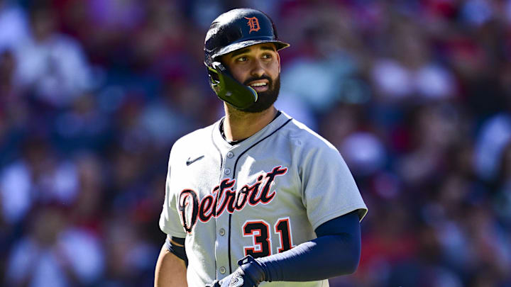 Sep 30, 2025; Cleveland, Ohio, USA; Detroit Tigers outfielder Riley Greene (31) reacts after striking out against the Cleveland Guardians in the fourth inning during game one of the Wildcard round for the 2025 MLB playoffs at Progressive Field.