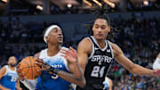 Feb 27, 2024; Minneapolis, Minnesota, USA; Minnesota Timberwolves forward Jaden McDaniels (3) dribbles against the San Antonio Spurs guard Devin Vassell (24) in the first quarter at Target Center.