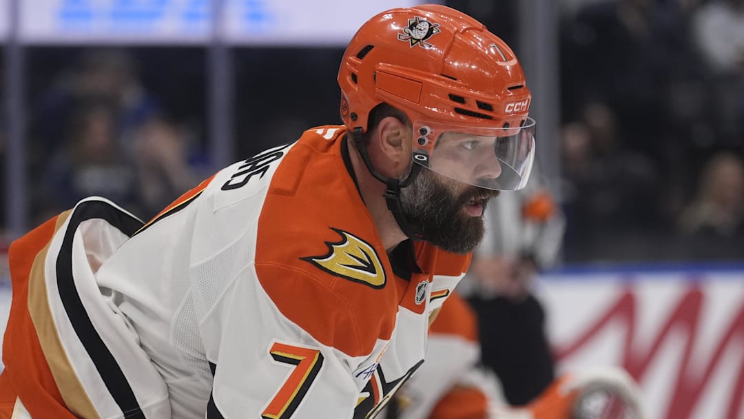 Mar 12, 2026; Toronto, Ontario, CAN; Anaheim Ducks defenseman Radko Gudas (7) gets set for a face off against the Toronto Maple Leafs during the first period at Scotiabank Arena. Mandatory Credit: John E. Sokolowski-Imagn Images