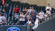 Sep 15, 2025; Minneapolis, Minnesota, USA; Minnesota Twins left fielder Austin Martin (16) catches a fly ball against the New York Yankees in the eighth inning at Target Field.