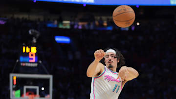 Apr 7, 2025; Miami, Florida, USA; Miami Heat guard Jaime Jaquez Jr. (11) passes the basketball against the Philadelphia 76ers during the second quarter at Kaseya Center. Mandatory Credit: Sam Navarro-Imagn Images