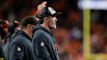 Dec 2, 2024; Denver, Colorado, USA; Cleveland Browns head coach Kevin Stefanski looks on in the second quarter against the Denver Broncos at Empower Field at Mile High. Mandatory Credit: Isaiah J. Downing-Imagn Images